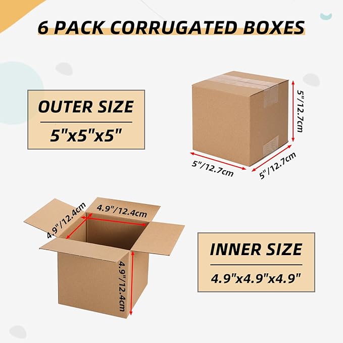 ZBEIVAN Shipping Boxes Mailers 5x5x5 inches Corrugated Cardboard Small Packing Kraft Moving Mailing Box, Pack of 6