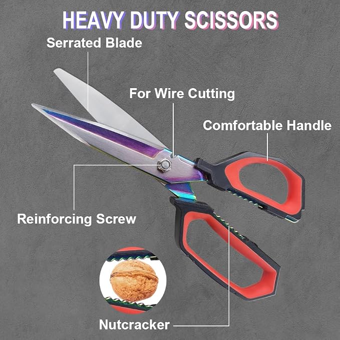 9.5" Multipurpose Heavy Duty Scissors, Titanium Coating Forged Scissors, Comfort Grip, Industrial Shears for Carpet, Wire, Leather, Fabric,Cardboard