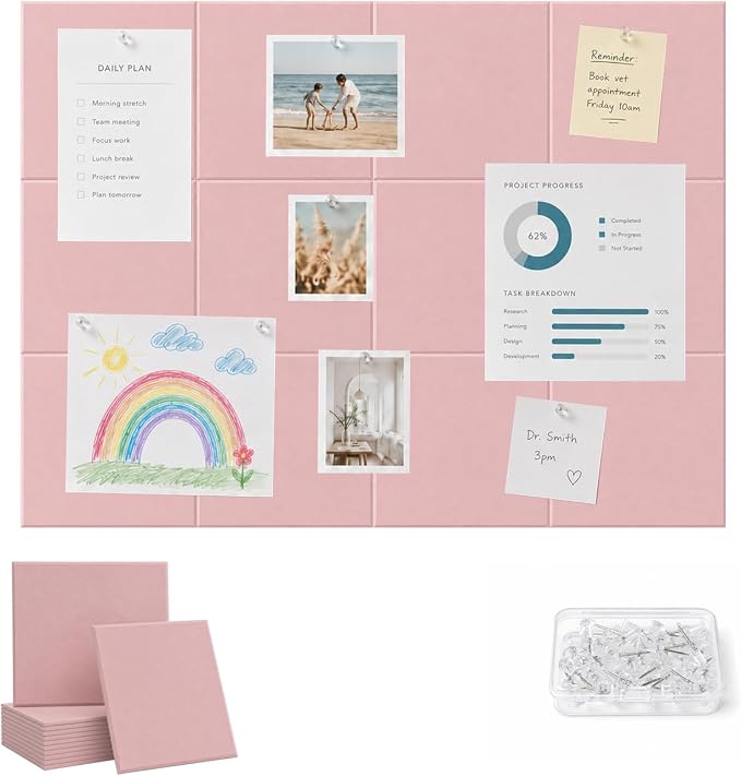 48" x 36" Decorative Bulletin Boards, Large Cork Board Alternative | 50 Pushpins, 60 Adhesive Tabs, Solid-Tile 12PC Felt Wall Tiles, Cork Boards for Office Push Pin Board Felt Board, Coral Pink | 50 Pushpins, 60 Adhesive Tabs, Solid-Tile 12PC Felt Wall...