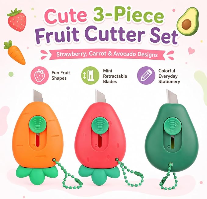 3Pcs Mini Fruit Shaped Retractable Utility Knife Box Cutter Letter Opener Portable Utility Knives Art & Craft Cutter Office School Stationery for Students, DIY Crafts, Cutting Envelope Paper Cardboard