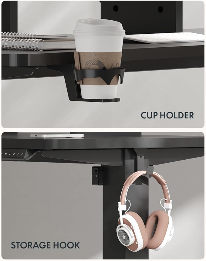 FLEXISPOT Standing Desk with Monitor Stand, 48 x 24 Inches One-Piece Electric Height Adjustable Computer Desk with Cup Holder for Home Office, Black