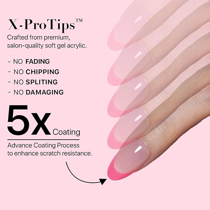 SXC Cosmetics French Tip Press On Nails 150 Pieces in 15 Sizes Ultra Fit with Pre-applied Tip Primer and Base Coat, No Need to File Fake Nails for Nail Art DIY X-Pro Tips (5PINK114-S Almond)