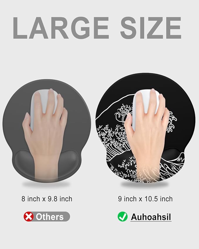 Auhoahsil Ergonomic Mouse Pad with Wrist Rest, Comfortable Silicone Non-Slip Computer Pain Relief Gel Mouse Mat with Wrist Support for Gaming, Work, Office, Women & Men, Cute Pattern, Japanese Wave
