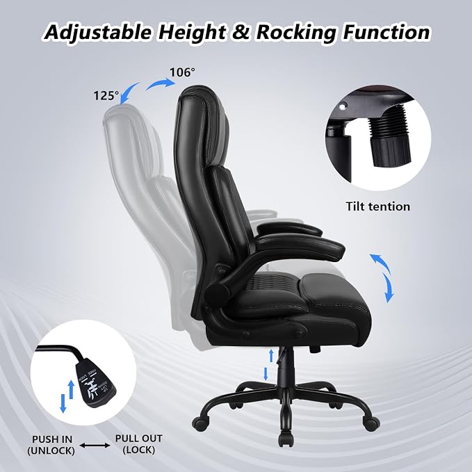 Office Chair, Big and Tall 400LBS Heavy Duty Executive Office Desk Chair with Flip-up Armrest, Ergonomic Swivel High Back Office Chairs with Lumbar Support, PU Leather (Black)
