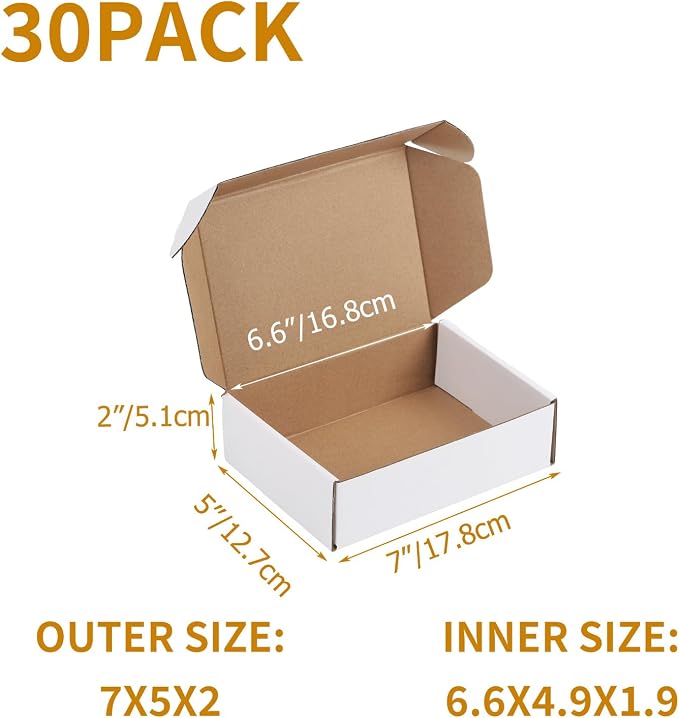 PHAREGE 30 Pack 7x5x2 inch Small Shipping Boxes, White Mailing Boxes | Tuck Top, Quick Fold, Easy Assemble, Shape Well, Single Corrugated, DIY Cardboard, Phone, Card Shipping, Business Packaging