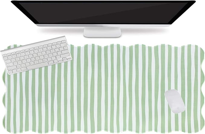 L-SPOUTTO Green Striped Mouse Pad,Scalloped Desk Mat XXL Large Geometric Gaming Mousepad,35.4x15.7in Non-Slip Rubber Base Keyboard Pad Waterproof Desktop Mat for Laptop Computer Game Home Office