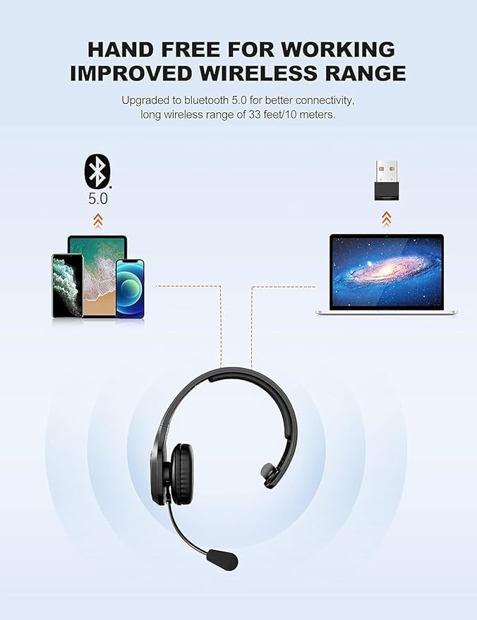 TECKNET Trucker Bluetooth Headset, Trucker Bluetooth Headphones with Microphone AI Noise Canceling Wireless On Ear Headset, Hands Free Wireless Headset for Cell Phone Computer Office Home (Black)