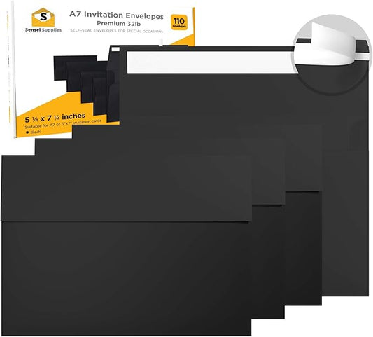 110 5x7 Black Invitation Envelopes - for 5x7 Cards - A7 - (5 ¼ x 7 ¼ inches) - Perfect for Weddings, Graduation, Baby Shower - 120 GSM - Peel, Press & Self Seal - Square Flap