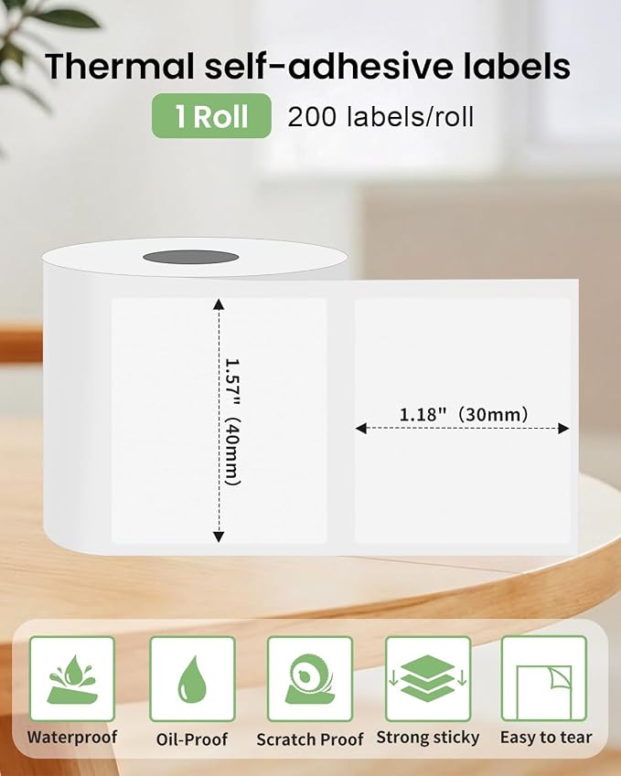 Phomemo Labels - M110/M100/M220/M108/M250/M160 Thermal Paper,230 Labels/Roll, 1.57"x1.18"(40x30mm) Frosted Clear Thermal Label for Barcode/Address/Mailing/Logo/Business/Home Tag