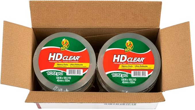 Duck HD Clear Extra Long Packing Tape - 6 Rolls of Strong Heavy Duty Packing Tape Refills for Shipping and Moving, Boxes and Packaging – 1.88 In. x 109 Yards - 3" Core - Clear (287975)
