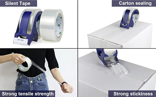 BOMEI PACK Silent Clear Packing Tape, 1.88inches x60yds Carton Sealing Tape with Blue Dispenser, 2 Rolls Heavy Duty Packaging Tape for Shipping Packaging Moving Sealing