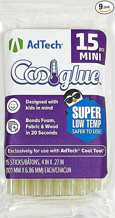 AdTech Ultra Low Temp Cool Glue Sticks,Mini 4-Inch – for Safe Crafting & DIY,Fast Bonding,Ideal for Delicate Materials,Fits Low Temp Mini Glue Guns,Made in USA,15 Count (Pack of 9)