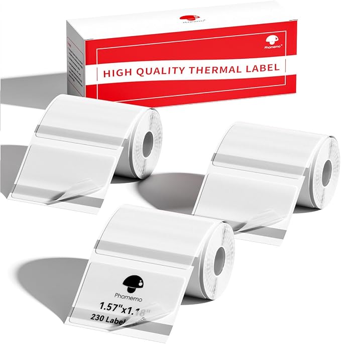 Phomemo Clear Labels 3 Rolls, 1.57"x1.18", for M110/M100/M220/M108, 960 PCS | Transparent Square Labels 40×30mm Thermal Stickers Labels for Kids & School, Barcode, Logo, Business, Home,Organization