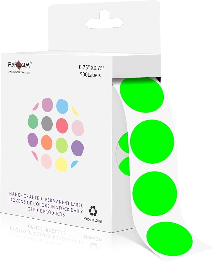 PARLAIM 3/4 Inch Color Coding Label Stickers,500PCS Circle Inventory Sticky Dots Sticker in Dispenser Box,Fluorescent Green Adhesive Round Dot Labels for Office Home(Fluorescent Green)