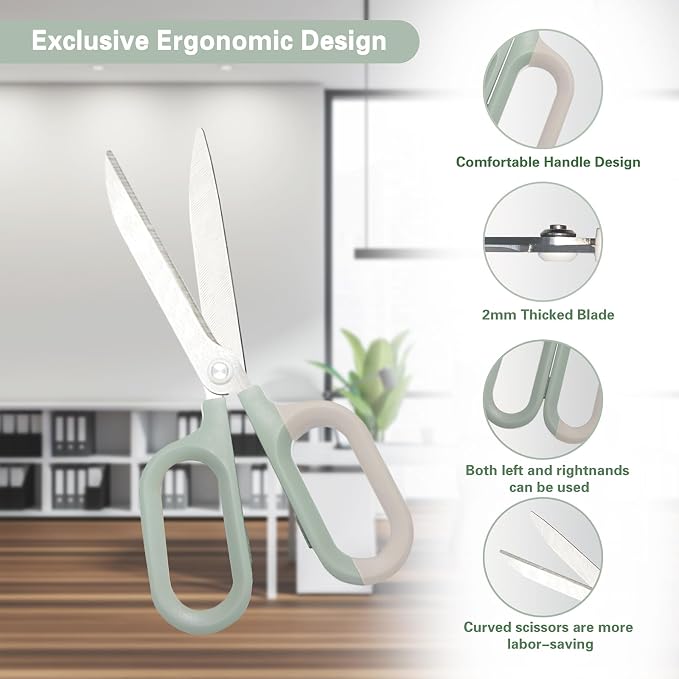 Green Office Scissors with Comfort-Grip Handles, Cute scissors, Sharp Craft Scissors for DIY Art, Sewing, Fabric, Student, Teacher, and Home Use(7", Green-2Pack)