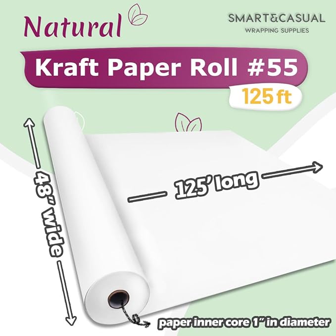 SMART&CASUAL 48" x 1,500" (125') White Kraft Craft Paper Roll for Gift Wrapping Bulletin Board Bouquet Flower Kids Art Packing Parcel Table Covering 80GSM 55LB (White, 48" x 125')