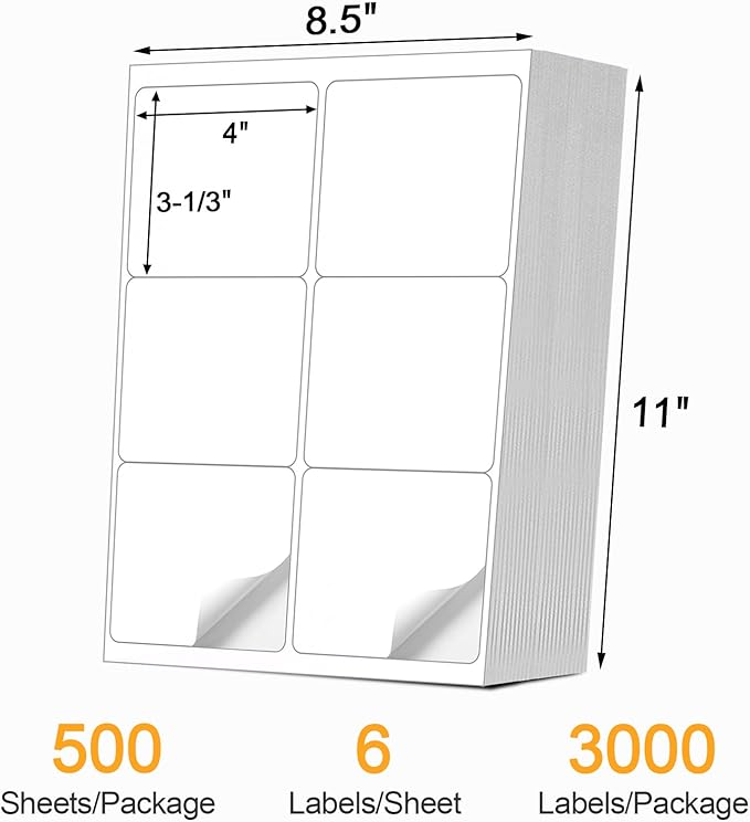 [500 Sheets 3000 Pcs] 6-UP 4''x3-1/3'' Shipping Labels for Laser & Inkjet Printers, A4 6 UP Shipping Mailing Stickers, 6 Pcs Per Page Shipping Labels,8.5"×11" White Stickers for Printer
