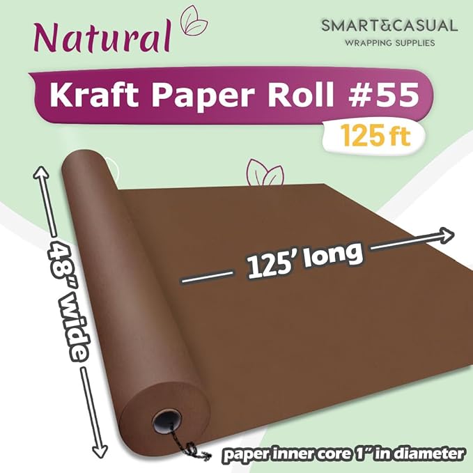 SMART&CASUAL 48" x 1,500" (125') Coffee Kraft Craft Paper Roll for Gift Wrapping Bulletin Board Bouquet Flower Kids Art Packing Parcel Table Covering 80GSM 55LB (Coffee, 48" x 125')