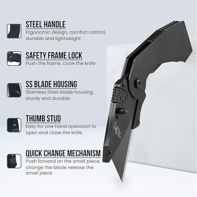Lichamp 6-Pack Folding Utility Knife, Quick-Change Box Cutter with Razor Blades & Belt Clip, Portable Construction Tool for DIY, Outdoor & Warehouse Use, Black