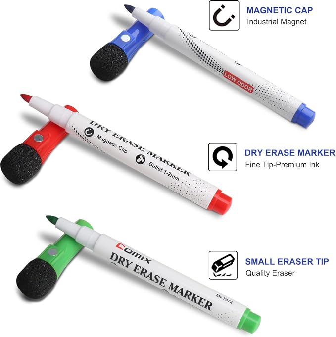Comix Magnetic Dry Erase Markers, Whiteboard Markers, 36 Bulk 12 Colors | Fine Tip, with Eraser Cap, Low Odor, Value Pack, Suitable for Kid, Teacher, Classroom, Office, School Supplies
