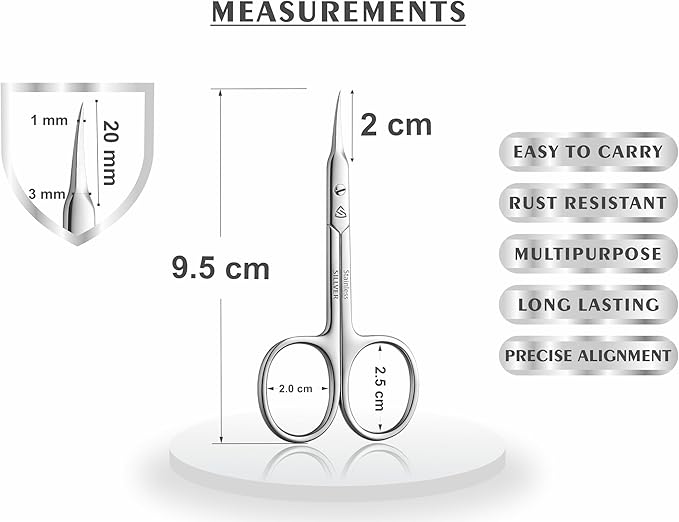 SILLVER Cuticle Scissors Curved Blade - Extra Fine Pointed Tip Professional Manicure Grooming Scissors for Cuticles, Beard, Nose Hair, Eyelash, Mustache - Eyebrow Scissors