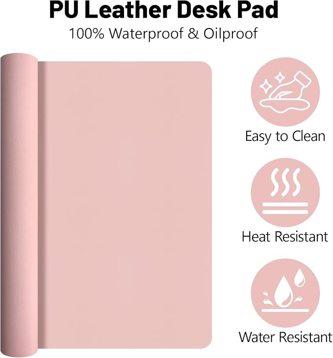 Leather Desk Pad Mat, Pink Desk Mat, 35.4" x 16.9" | Non-slip and Waterproof Computer Mat, Desk Protector for Office/Home, Desk Accessories for Women
