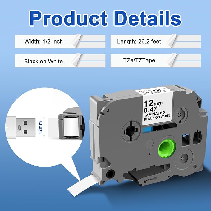 Replacement for Brother P-Touch Label Tape 12mm 0.47 Laminated White Tape | 1/2 Inch Tze-231 Tze231 Label Maker Tape Compatible with Brother Ptouch PT-D210 D220 H110 D410 D610 1280 Refills, 5-Pack