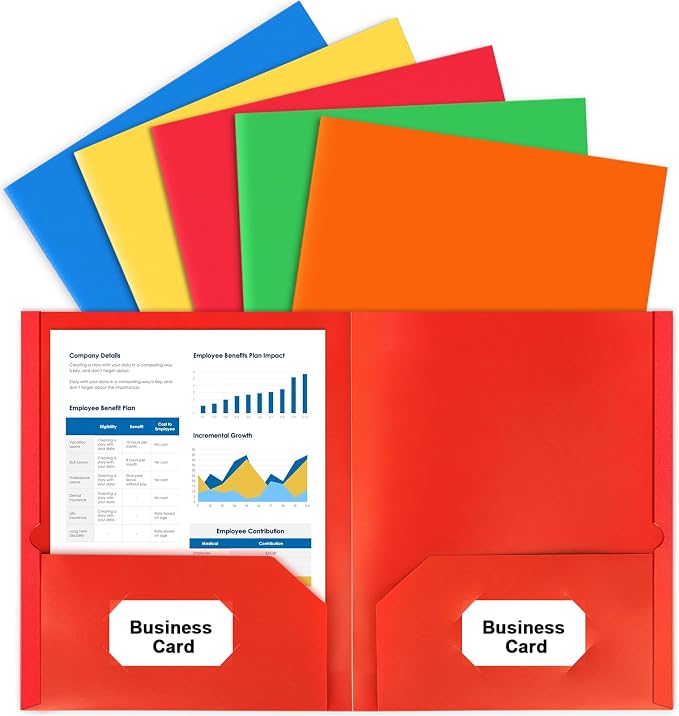 5 Pcs File Folders with Pockets, Paper Colored File Folders for Documents | Cute Decorative Letter Size Folders, for Filing Cabinet, School, Office, Business Resume, 5 Pcs