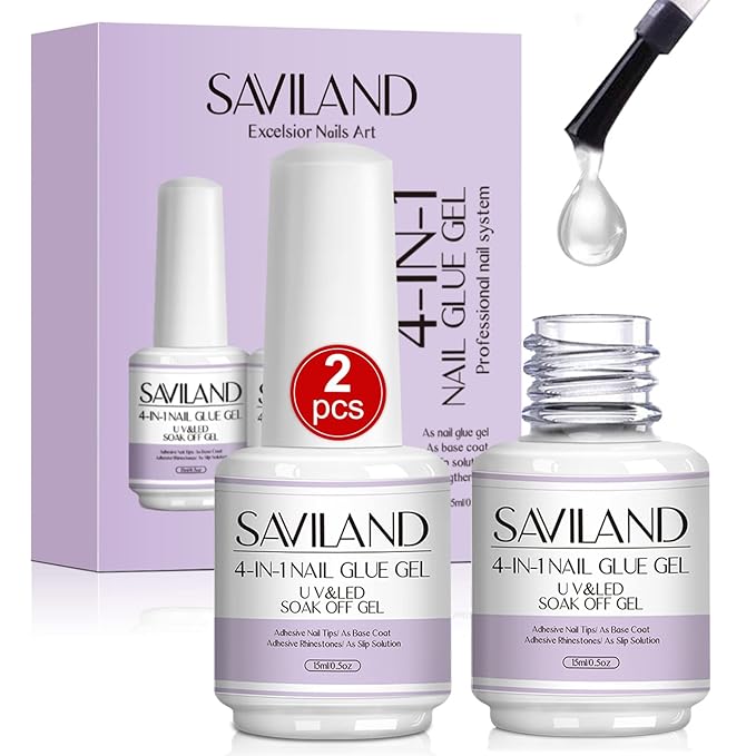 SAVILAND 4-in-1 Nail Gel Set, 2 pcs 15 ML Upgraded Nail Glue for Fake & Press on Nails, Gel Base Strengthen and Nail Repair Treatment, Replacement for Glue.