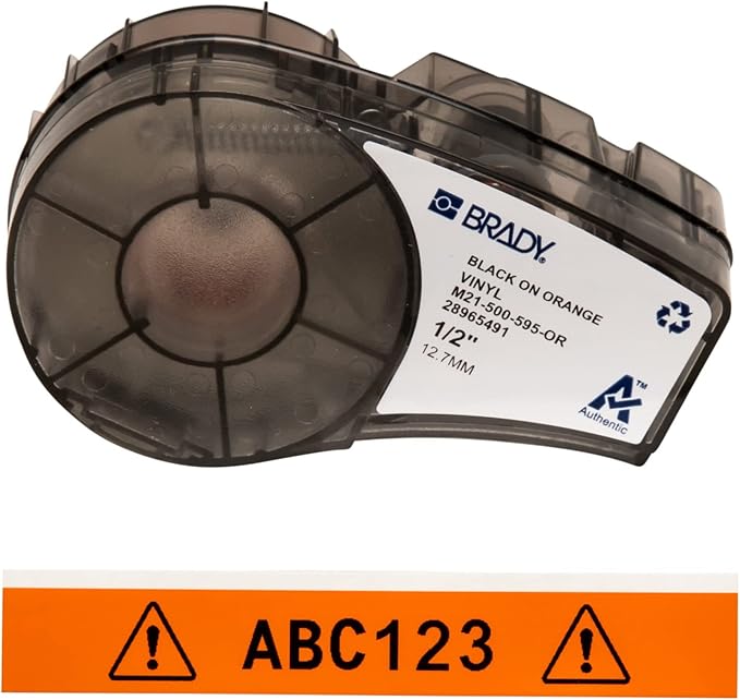 Brady Authentic (M21-500-595-OR) All-Weather Vinyl Label for Indoor/Outdoor ID, Lab and Equipment Labeling, Black on Orange- For M210, M210-LAB, M211, BMP21-PLUS and BMP21-LAB Printers, .5" W, 21' L