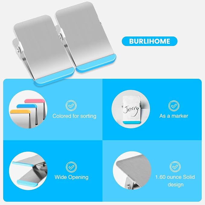 BURLIHOME Stainless Steel Clips with Colored Silicone,6Pack Heavy Duty Clip | Strong Spring for Dog Food/Chip Bag,Colored Edges Anti-scratch,Colored-coded for Sorting,Kitchen/Office/Desk/School Supplies