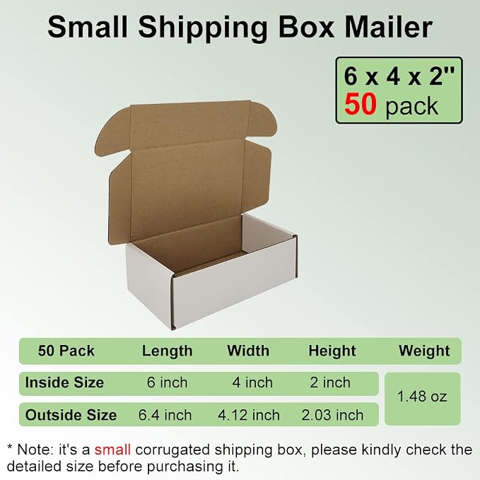 50 Pack 6x4x2'' Small Shipping Boxes, White Corrugated Cardboard Literature Mailers, Mailing Packaging Supplies for Small Business (W642-50)