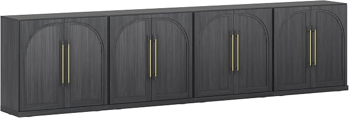 BELLEZE 3 Tier Bookshelf with Double-Arc Door, Set of 4 Modern Bookcase Shelf with Storage and Adjustable Shelves, 130'' Arched Buffet Wood Bookshelves for Living Room Office Entryway (Ebony)