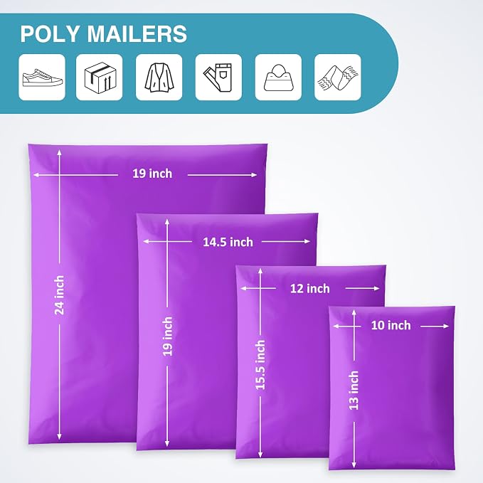 UCGOU 100 Pack Not Padded Purple Poly Mailers Variety Pack, 10x13 Inch & 12x15.5 Inch & 14.5x19 Inch &19x24 Inch Mailing Bags, Self-sealing Adhesive Mailers Assorted Sizes for Small Business