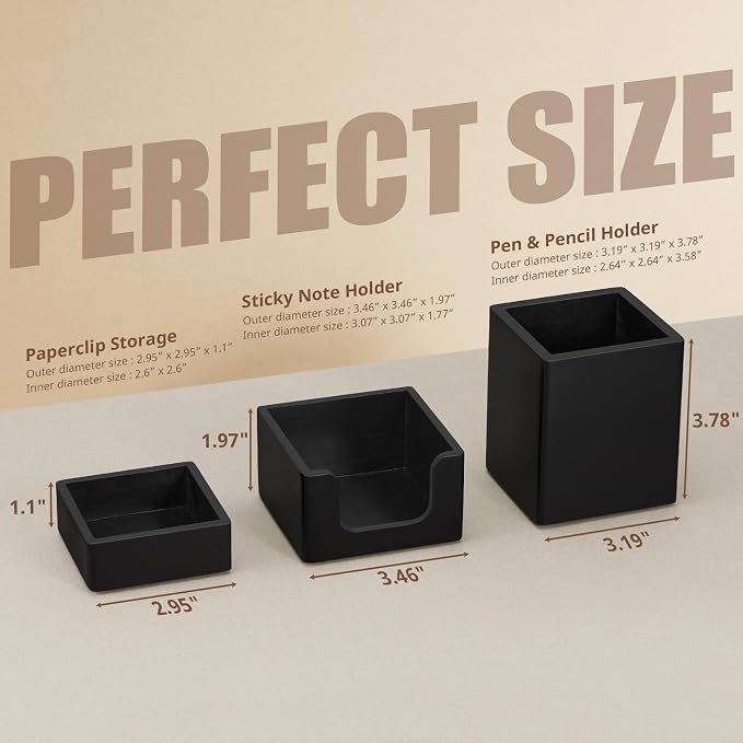 Black Desk Organizer Set of 3 - Wood Office Desk Accessories - Desk Organizers and Accessories for Women Men - Set incl. Pencil Pen Holder, Paperclip Storage and Sticky Note Holder