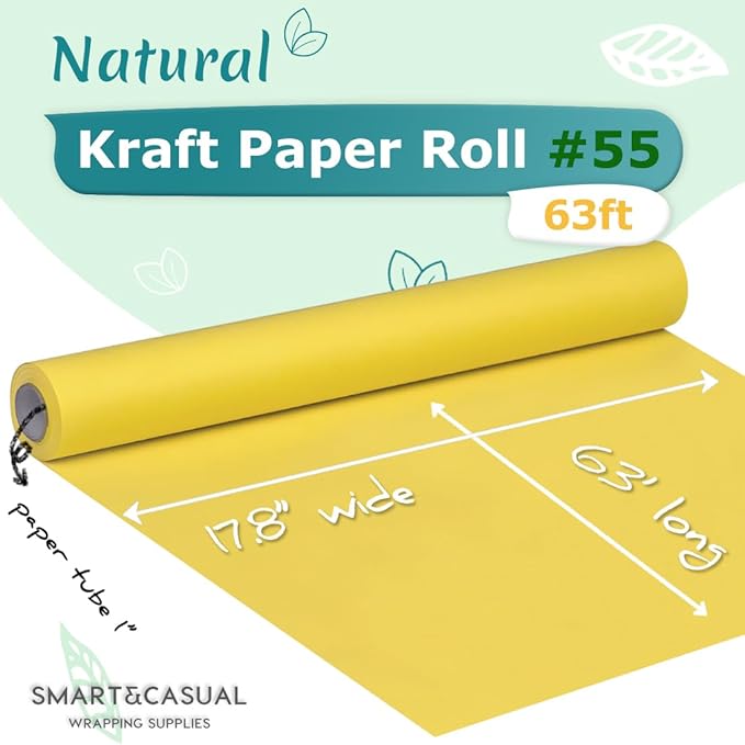 SMART&CASUAL 17.8" x 760" (63') Lemon Yellow Kraft Craft Paper Roll for Gift Wrapping Bulletin Board Bouquet Flower Kids Art Packing Parcel Table Covering 80GSM 55LB (Lemon Yellow, 17.8" x 63')