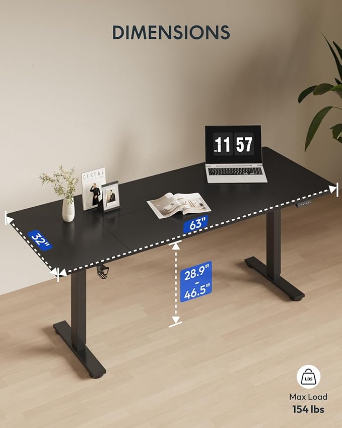 FLEXISPOT 63x32 Inch Electric Large Standing Desk for Home & Office, Spacious Splice Board Desk with Cable Management & Organizer, Cup Holder & Hook, Black
