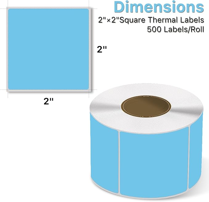 Square Thermal Label Stickers, 2"x2" (50.8mm x 50.8mm) Compatible with Multiple Thermal Printers Self-Adhesive Square Direct Strong Adhesive Thermal Labels, Blue, 500 Sheets/Roll