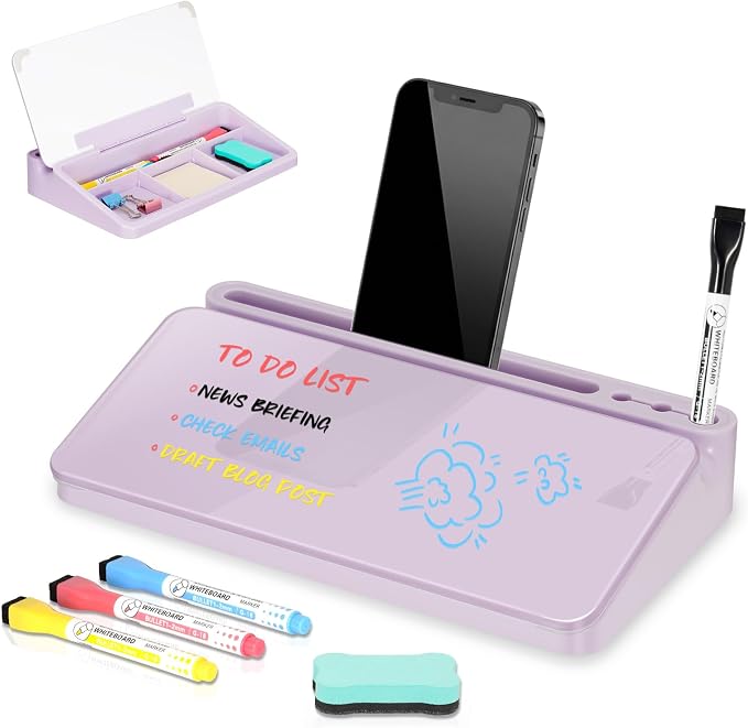 DOLLAR BOSS 12"x7" Small Glass Desktop Whiteboard, Purple | Dry Erase Board with Storage Drawer, Computer Keyboard Stand, Desk Organizer, Office Accessories, School Supplies