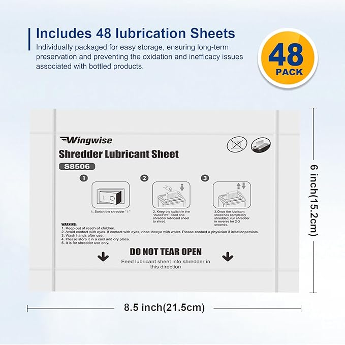 48-Pack Shredder Lubricant Sheets, 8.5 x 6 Inches, Sharpens Blades & Extends Shredder Life, Mess-Free Maintenance for Heavy-Duty Use