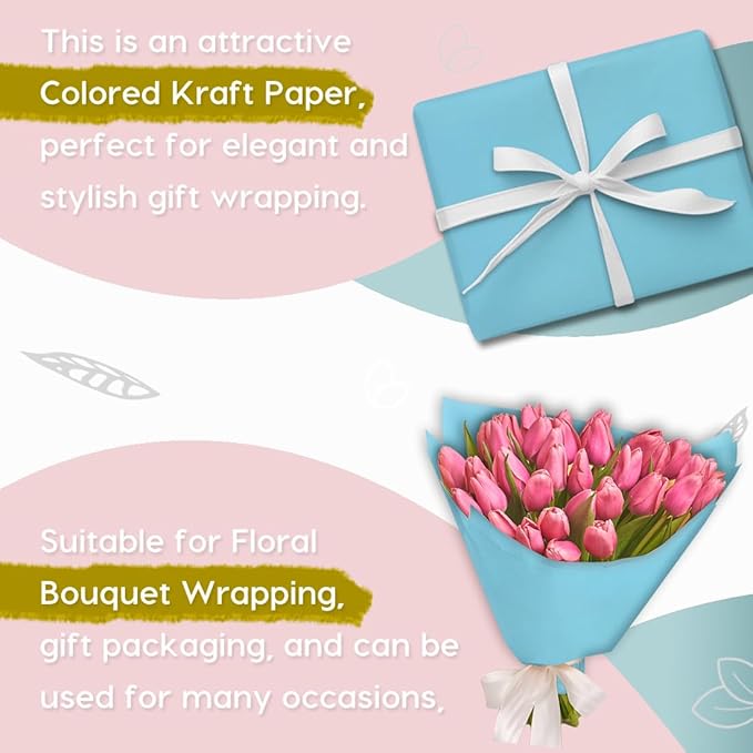 SMART&CASUAL 48" x 1,500" (125') Light Blue Kraft Craft Paper Roll for Gift Wrapping Bulletin Board Bouquet Flower Kids Art Packing Parcel Table Covering 80GSM 55LB (Light Blue, 48" x 125')