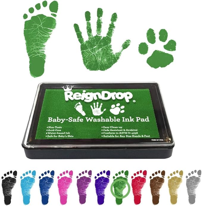 ReignDrop Ink Pad For Baby Footprint & Handprint - Creates Impressive Long Lasting Keepsake Stamp for Infant & Kids. Smudge Proof, Easy to Wipe Off Skin, Safe Gentle Acid Free(Green)