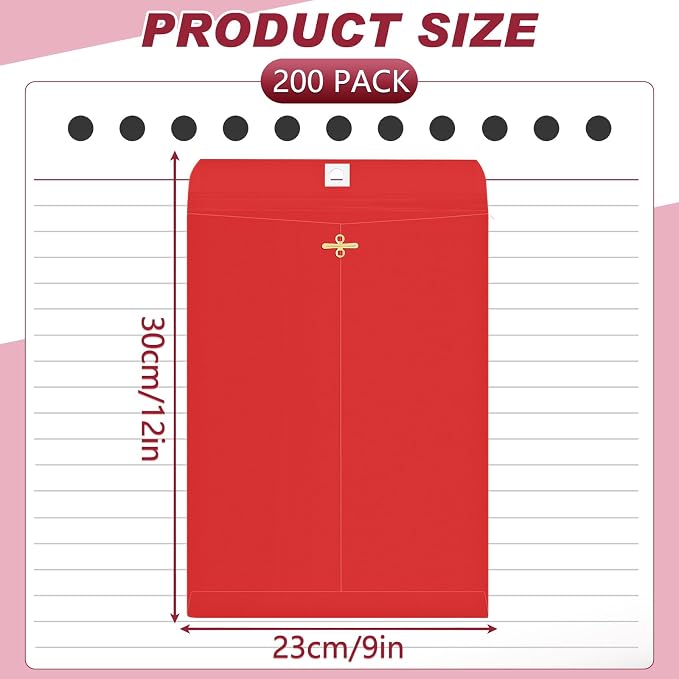Geyee 200 Pcs Clasp Manilla Envelopes 9 x 12 Inch Gummed Colored Envelopes for Storing or Mailing for Home Office Business Supplies (Red)