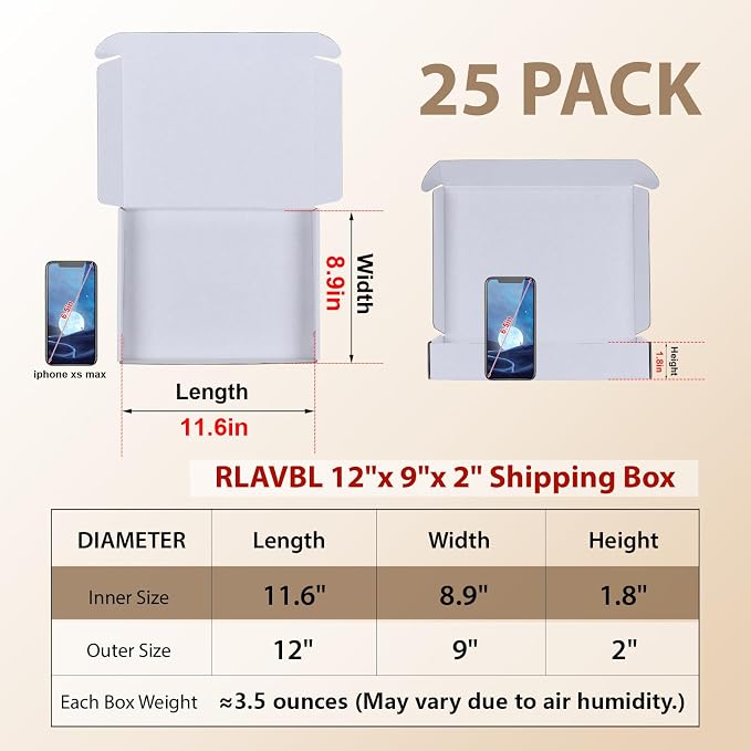 RLAVBL 12x9x2 Shipping Boxes Set of 25, White Corrugated Cardboard Mailer Box for Packing Small Business