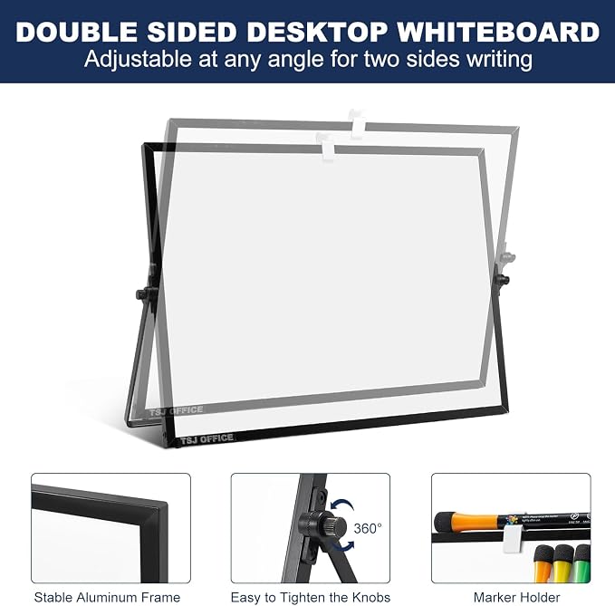 Small White Board - 12 X 16 Inches Black Framed Dry Erase Board | Magnetic Desktop Whiteboard Stand 360 Degrees Revolving Double Sided for Office, Home, School, with Hooks for Wall