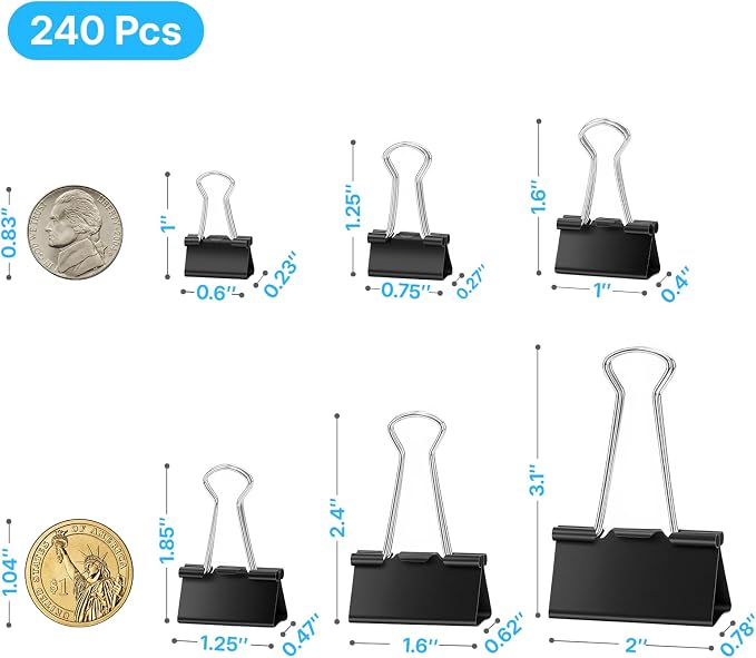OWLKELA 240 Pcs Binder Clips, Assorted Sizes, Black | Metal Paper Clamps, Paper Binder Clip, Ideal for Office, Home and School Supplies