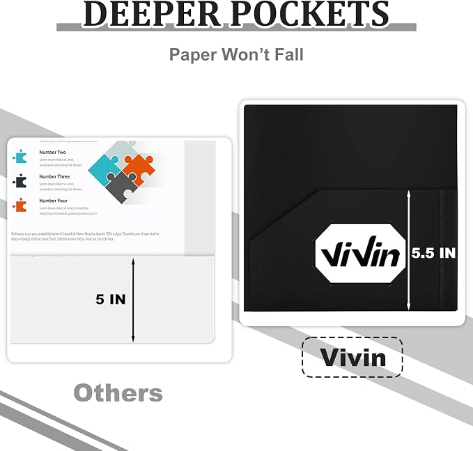 ViVin 60-Pack Black Plastic Folders with Pockets, 8.5 x 11 Inch Letter Size, Modern Style, 2 Pocket Folders for School, Home, Office