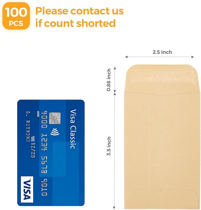 ACSTEP 100 Pack #1 Paper Kraft Seeds Envelopes 2-1/4 X3-1/2, Small Coin Envelope 2x3 For Key, Tip, Seeds Packets, Self Adhesive Water Glummed Mini Tiny Envelopes