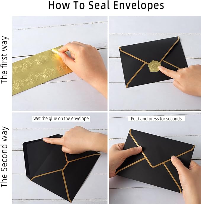 50 Pieces Black A4 Envelopes with Gold Border, 4.25x6.25 Inches Envelopes with Gold Stickers for Greeting Cards and Invitation (Black, A4-4x6)