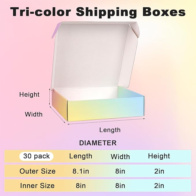 Shipping Boxes for Packaging 8x8x2", 30 Pack Colorful Corrugated Cardboard Boxes, Mailing Boxes for Small Business